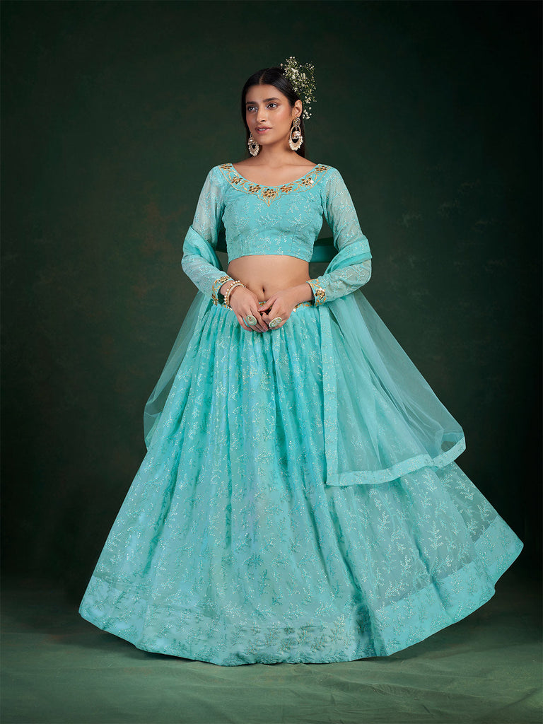 Blue Embroidered Festive Semi Stitched Lehenga With  Unstitched Blouse Clothsvilla