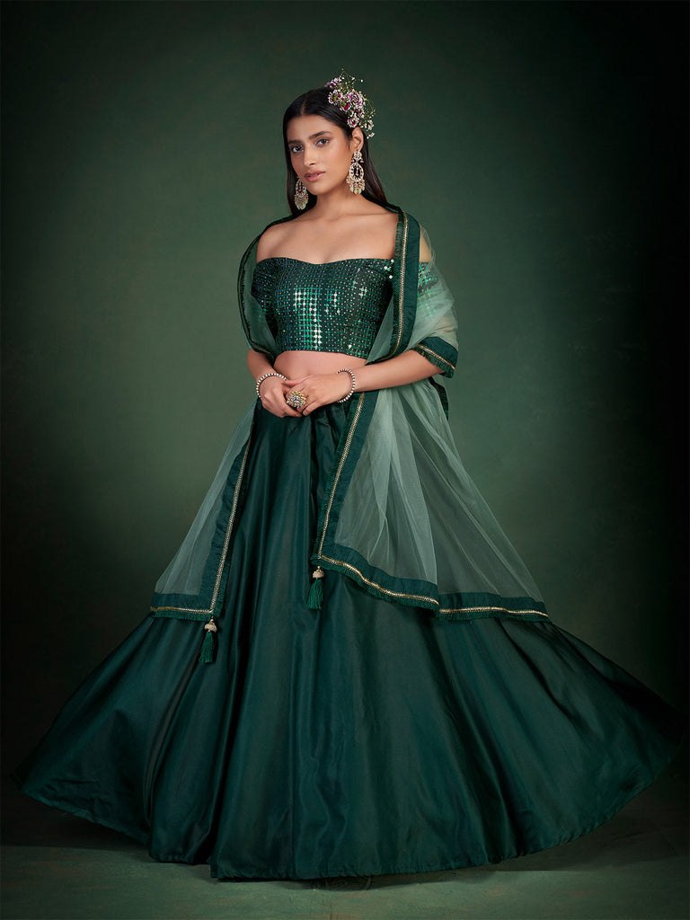 Dark Green Embroidered Festive Semi Stitched Lehenga With  Unstitched Blouse Clothsvilla
