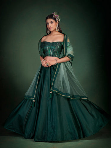 Dark Green Embroidered Festive Semi Stitched Lehenga With  Unstitched Blouse Clothsvilla