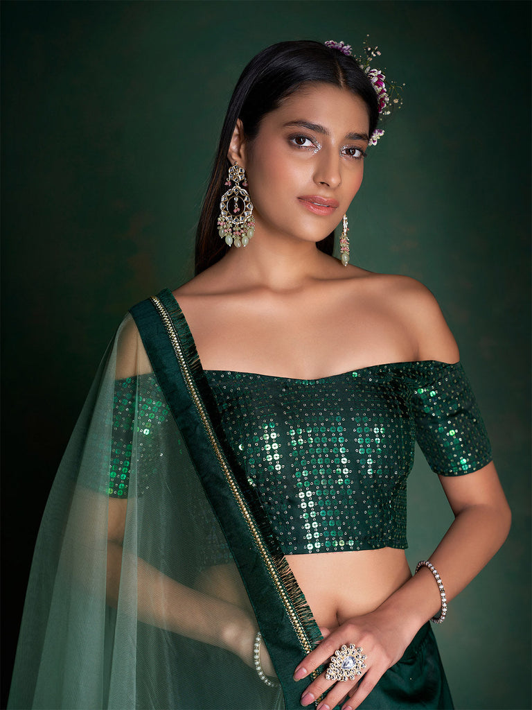 Dark Green Embroidered Festive Semi Stitched Lehenga With  Unstitched Blouse Clothsvilla