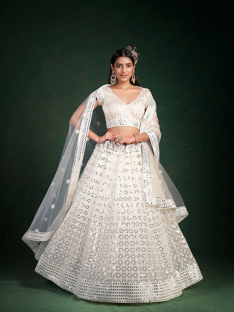 White Embroidered Festive Semi Stitched Lehenga With  Unstitched Blouse Clothsvilla