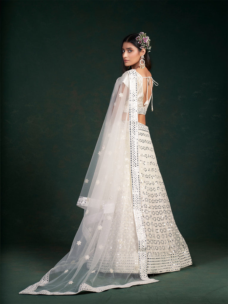 White Embroidered Festive Semi Stitched Lehenga With  Unstitched Blouse Clothsvilla