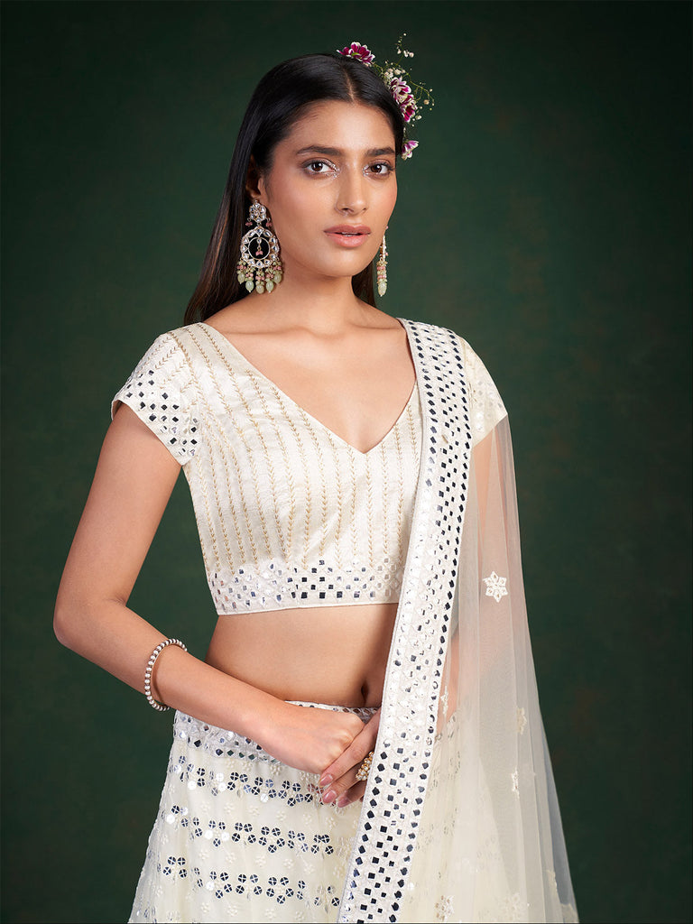 White Embroidered Festive Semi Stitched Lehenga With  Unstitched Blouse Clothsvilla