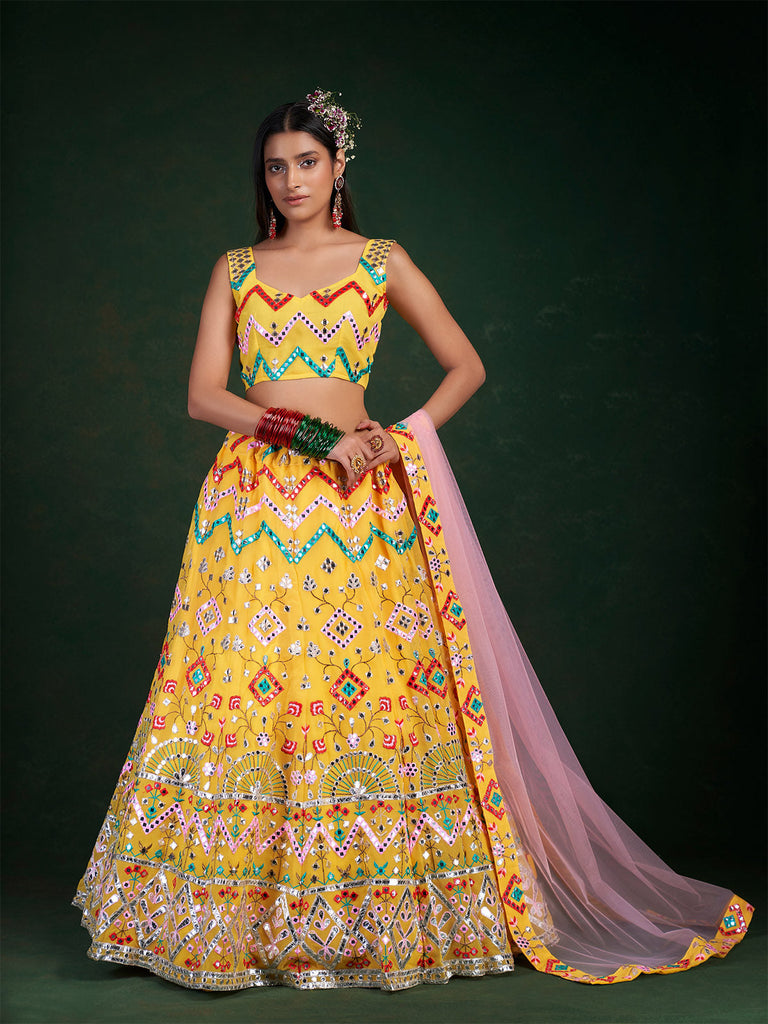 Yellow Embroidered Bridal Semi Stitched Lehenga With  Unstitched Blouse Clothsvilla