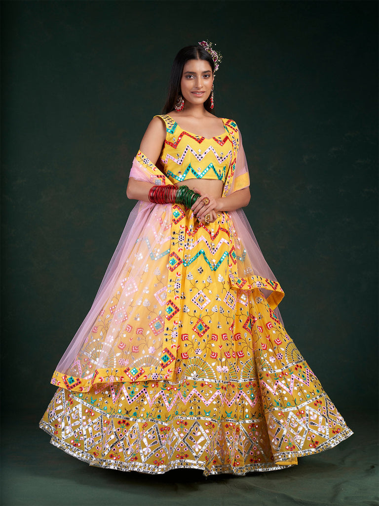 Yellow Embroidered Bridal Semi Stitched Lehenga With  Unstitched Blouse Clothsvilla