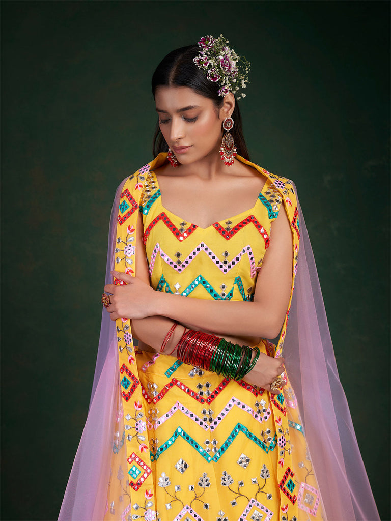 Yellow Embroidered Bridal Semi Stitched Lehenga With  Unstitched Blouse Clothsvilla