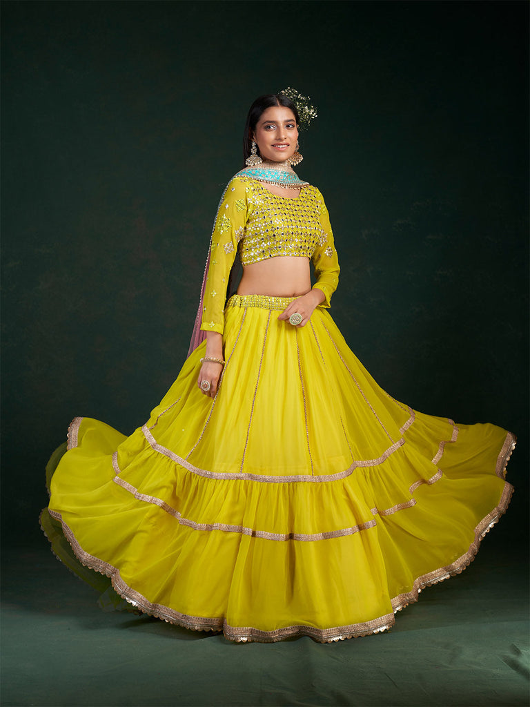 Lime Embroidered Festive Semi Stitched Lehenga With  Unstitched Blouse Clothsvilla