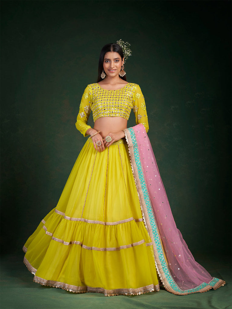 Lime Embroidered Festive Semi Stitched Lehenga With  Unstitched Blouse Clothsvilla