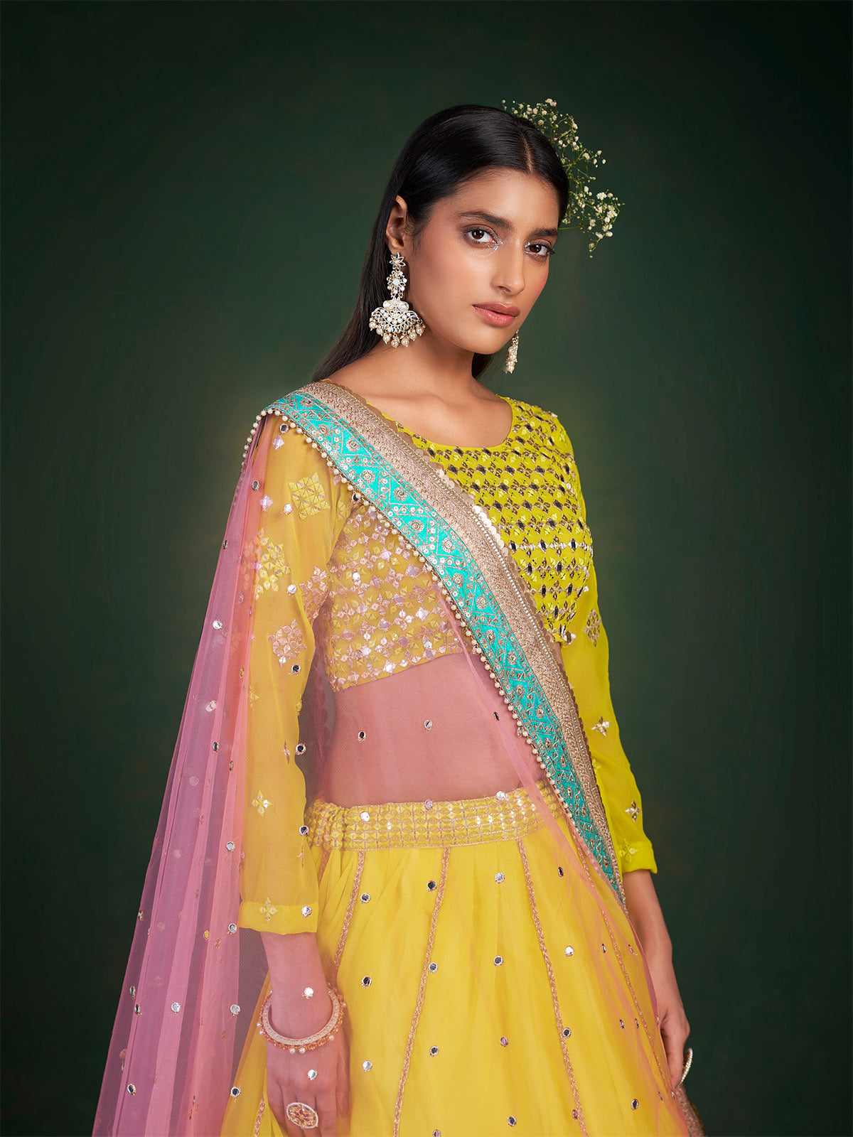 Lime Embroidered Festive Semi Stitched Lehenga With  Unstitched Blouse Clothsvilla