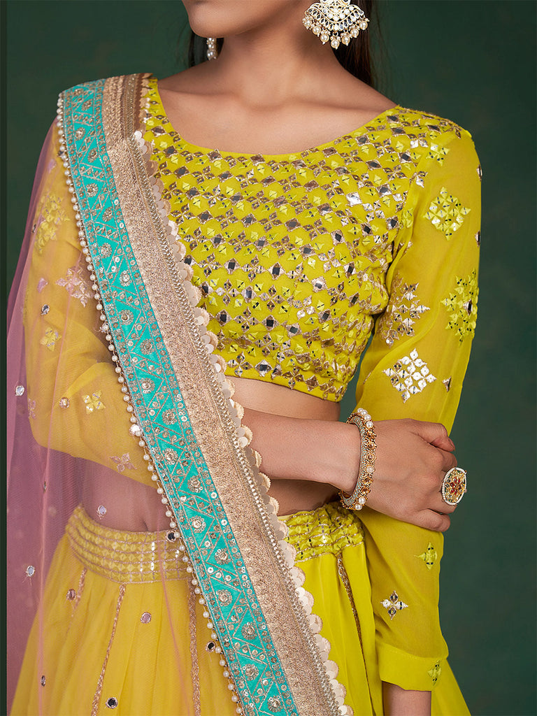 Lime Embroidered Festive Semi Stitched Lehenga With  Unstitched Blouse Clothsvilla