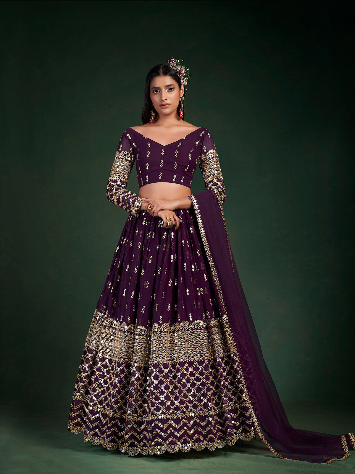 Violet Embroidered Bridal Semi Stitched Lehenga With  Unstitched Blouse Clothsvilla Main image