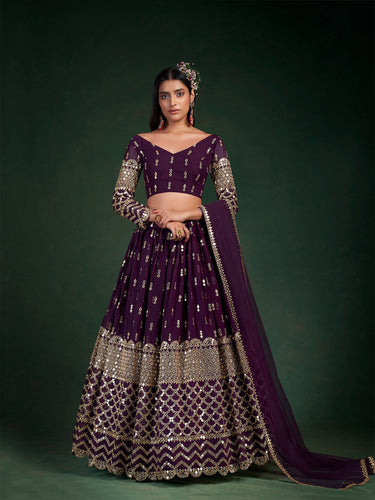 Violet Embroidered Bridal Semi Stitched Lehenga With  Unstitched Blouse Clothsvilla