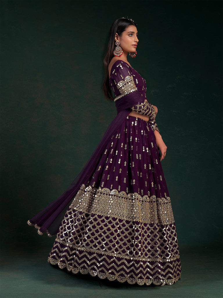 Violet Embroidered Bridal Semi Stitched Lehenga With  Unstitched Blouse Clothsvilla
