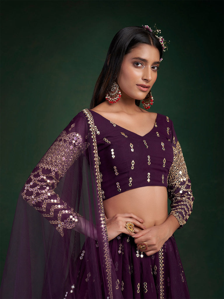 Violet Embroidered Bridal Semi Stitched Lehenga With  Unstitched Blouse Clothsvilla