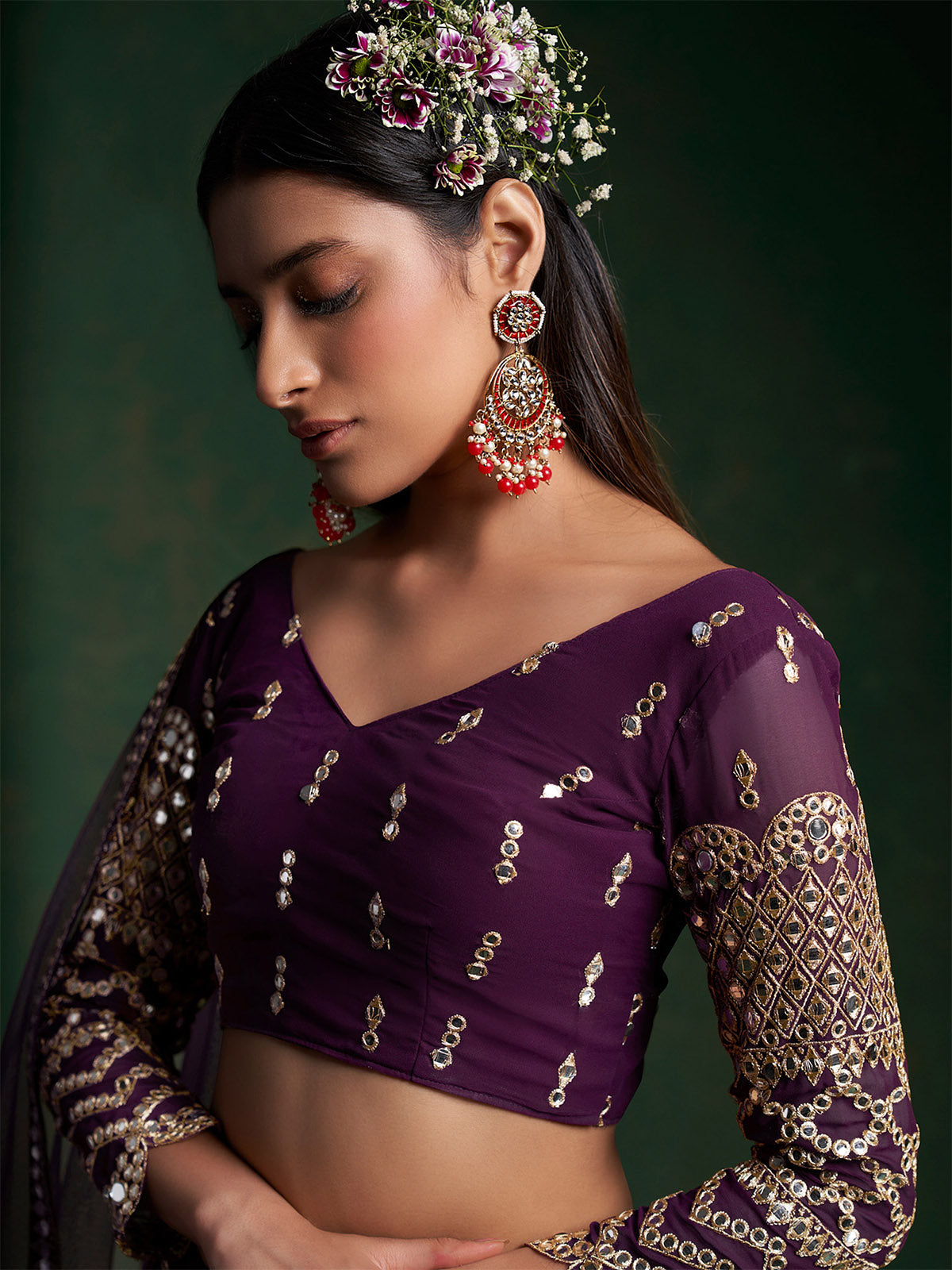 Violet Embroidered Bridal Semi Stitched Lehenga With  Unstitched Blouse Clothsvilla