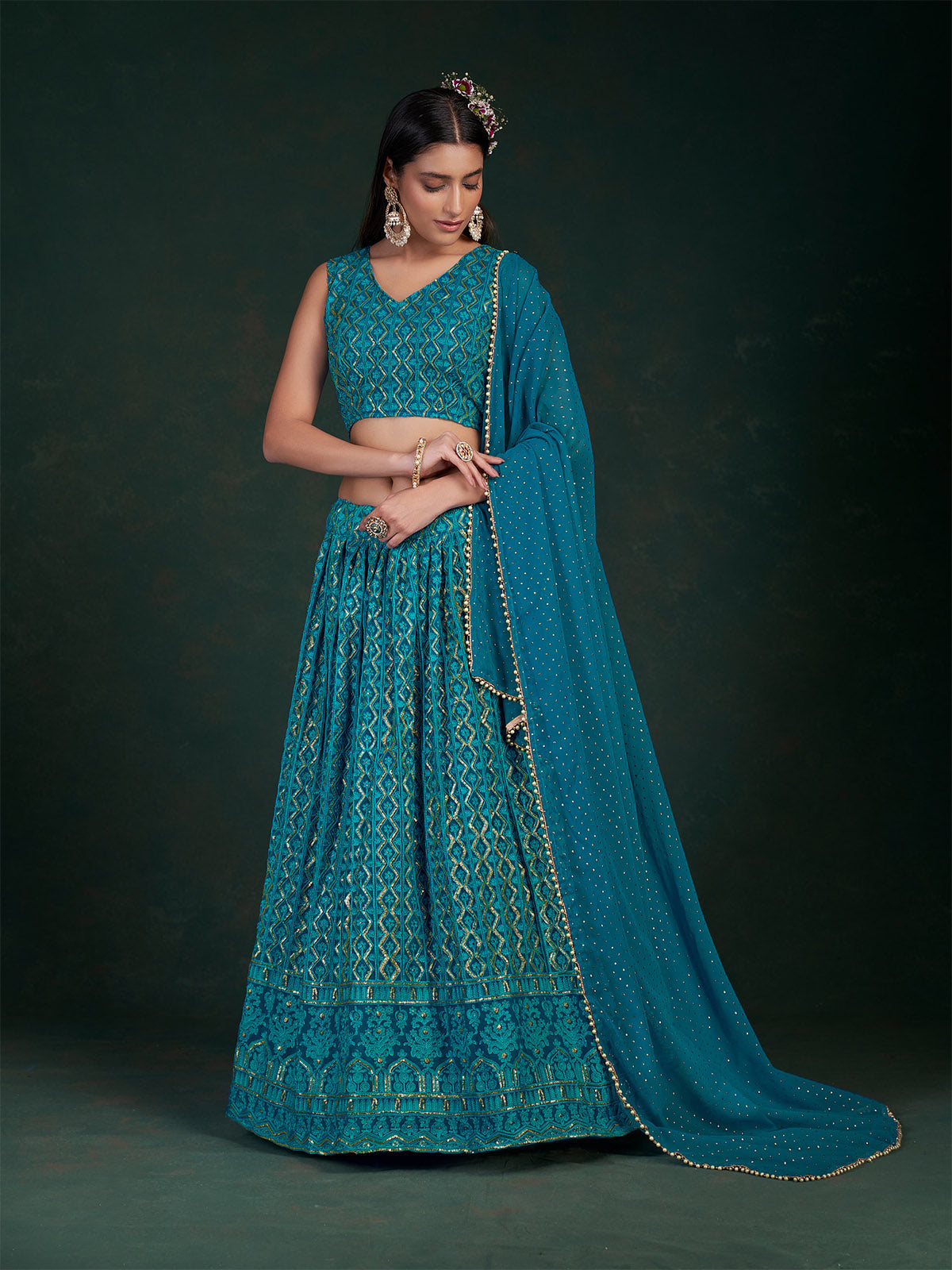 Teal Embroidered Bridal Semi Stitched Lehenga With  Unstitched Blouse Secondary image