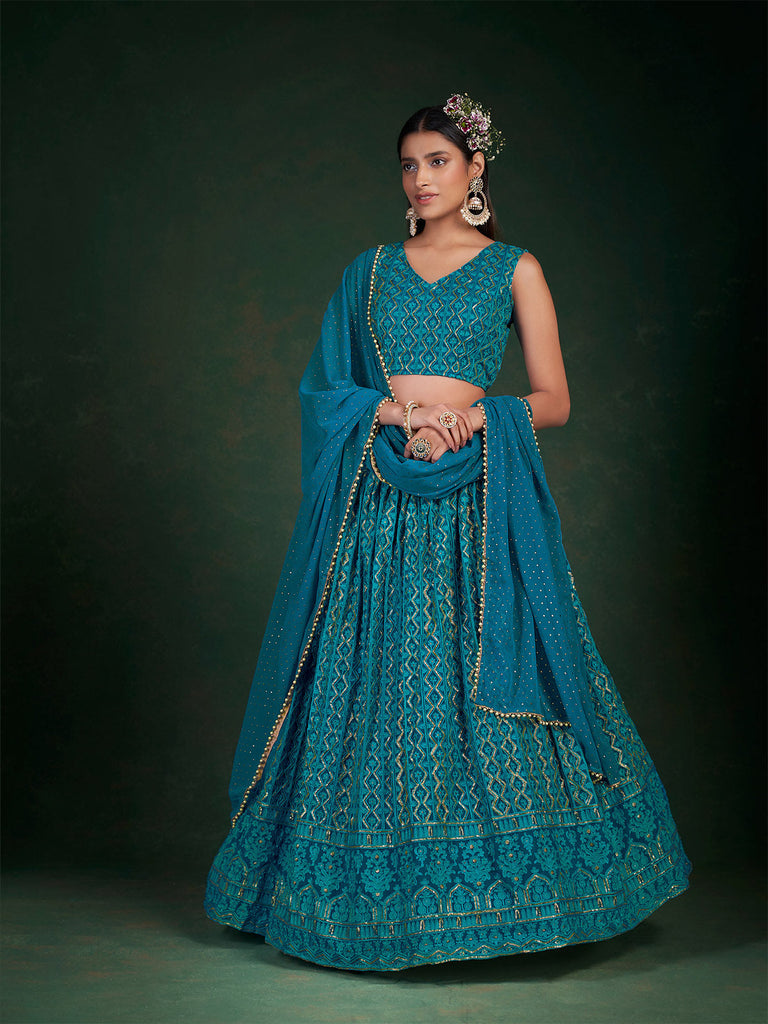 Teal Embroidered Bridal Semi Stitched Lehenga With  Unstitched Blouse Clothsvilla