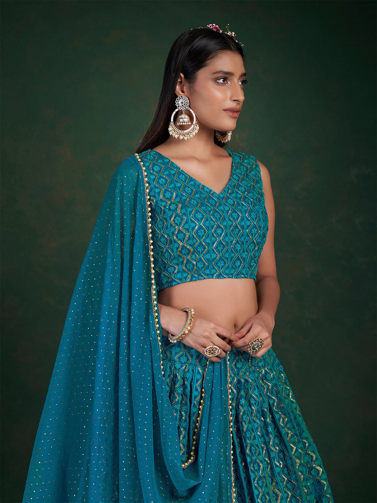 Teal Embroidered Bridal Semi Stitched Lehenga With  Unstitched Blouse Clothsvilla