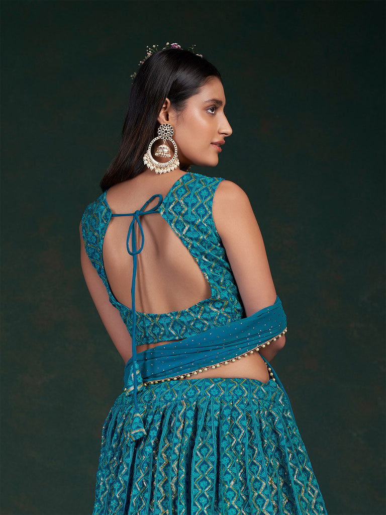 Teal Embroidered Bridal Semi Stitched Lehenga With  Unstitched Blouse Clothsvilla