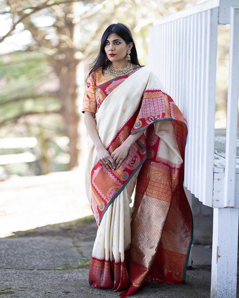 Classic Off White Soft Banarasi Silk Saree With Beauteous Blouse Piece ClothsVilla Main image