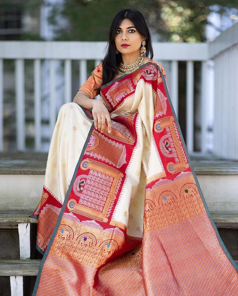 Classic Off White Soft Banarasi Silk Saree With Beauteous Blouse Piece ClothsVilla