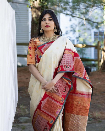 Classic Off White Soft Banarasi Silk Saree With Beauteous Blouse Piece ClothsVilla