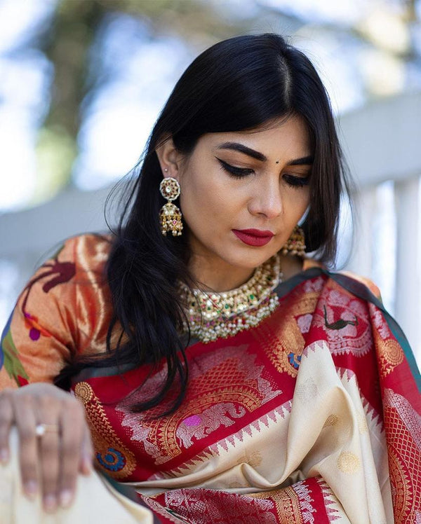 Classic Off White Soft Banarasi Silk Saree With Beauteous Blouse Piece ClothsVilla