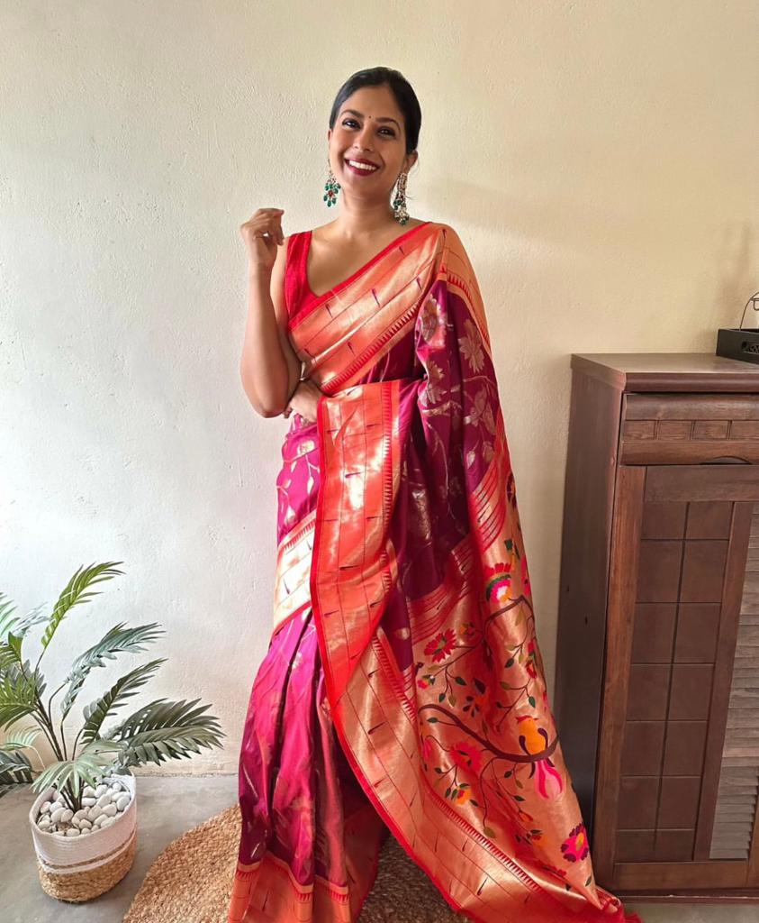 Bewitching Dark Pink Paithani Silk Saree With Brood Blouse Piece ClothsVilla