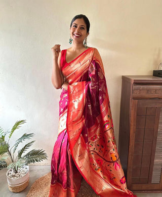 Bewitching Dark Pink Paithani Silk Saree With Brood Blouse Piece ClothsVilla