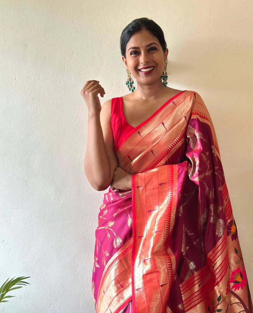 Bewitching Dark Pink Paithani Silk Saree With Brood Blouse Piece ClothsVilla