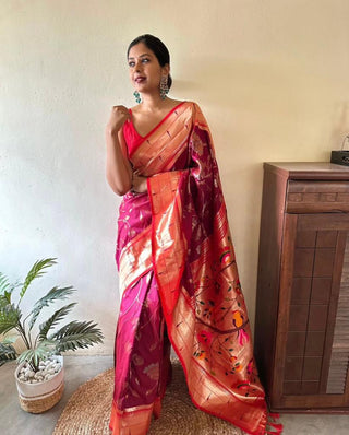 Bewitching Dark Pink Paithani Silk Saree With Brood Blouse Piece ClothsVilla