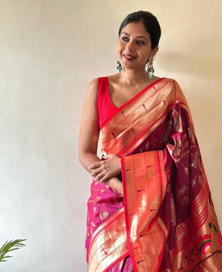 Bewitching Dark Pink Paithani Silk Saree With Brood Blouse Piece ClothsVilla