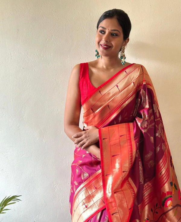 Bewitching Dark Pink Paithani Silk Saree With Brood Blouse Piece ClothsVilla