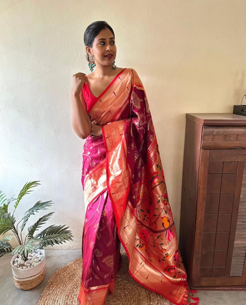 Bewitching Dark Pink Paithani Silk Saree With Brood Blouse Piece ClothsVilla