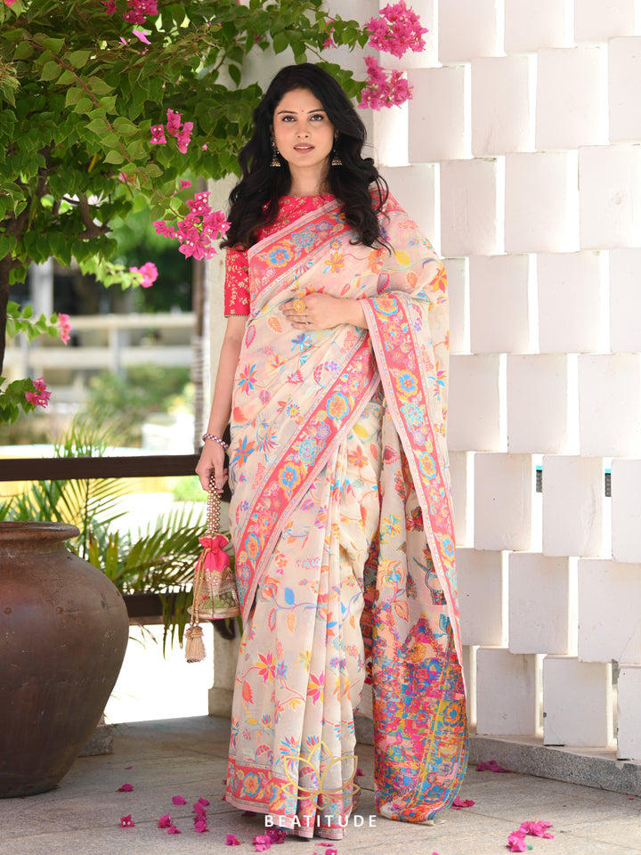 Luxuriant Beige Pashmina saree With Amiable Blouse Piece ClothsVilla