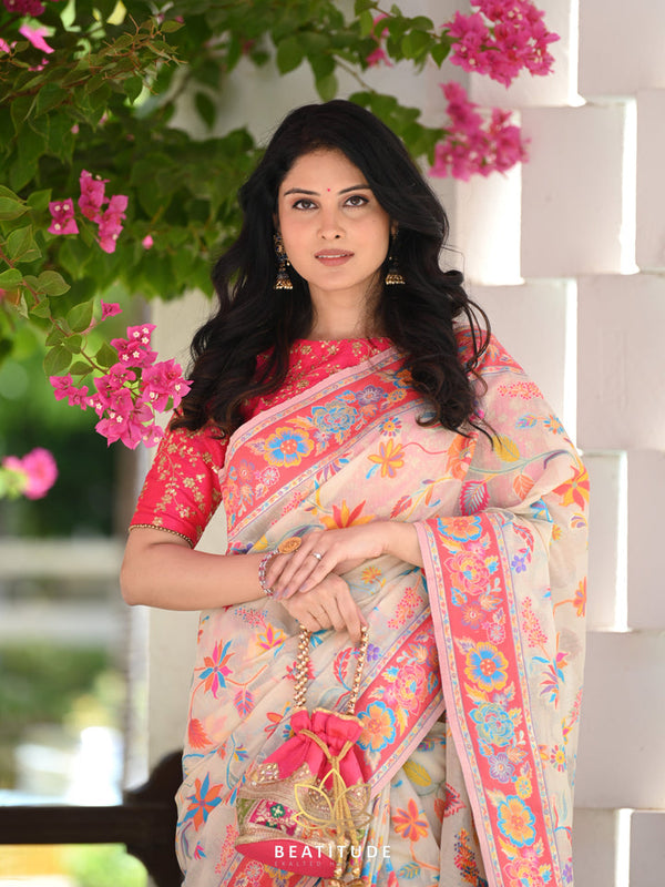 Luxuriant Beige Pashmina saree With Amiable Blouse Piece ClothsVilla