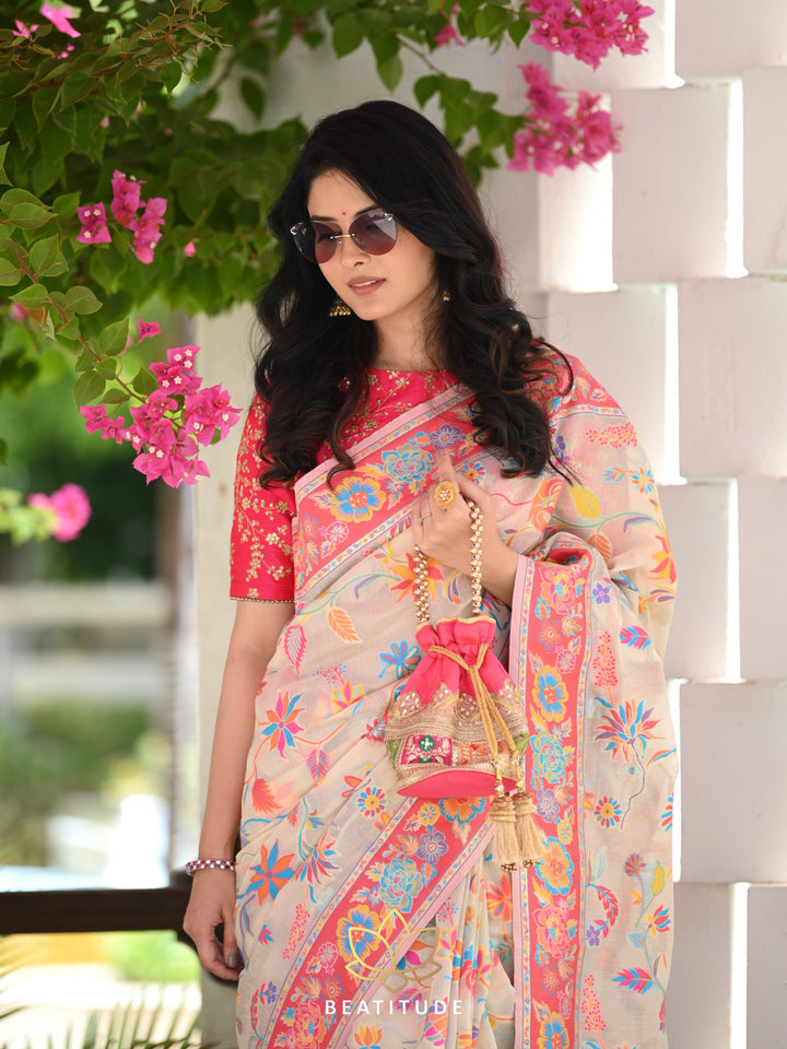 Luxuriant Beige Pashmina saree With Amiable Blouse Piece ClothsVilla