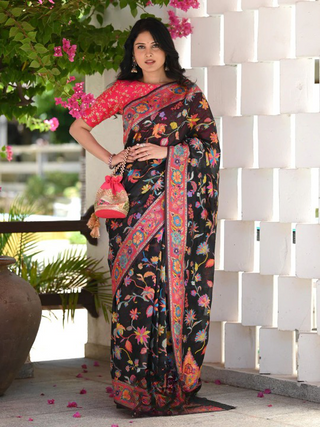Cynosure Black Pashmina saree With Dissemble Blouse Piece ClothsVilla