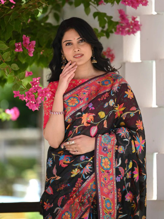 Cynosure Black Pashmina saree With Dissemble Blouse Piece ClothsVilla