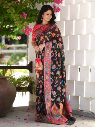 Cynosure Black Pashmina saree With Dissemble Blouse Piece ClothsVilla