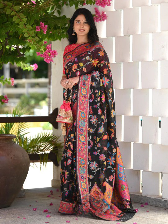 Cynosure Black Pashmina saree With Dissemble Blouse Piece ClothsVilla Main image