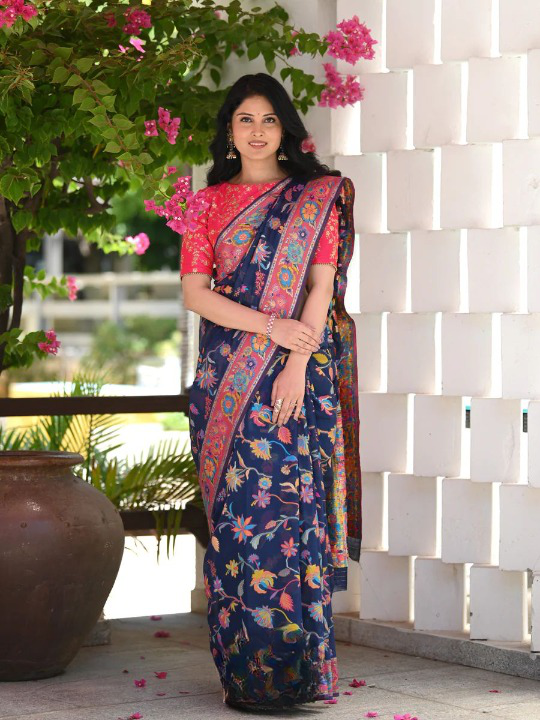 Evocative Blue Pashmina saree With Moiety Blouse Piece ClothsVilla