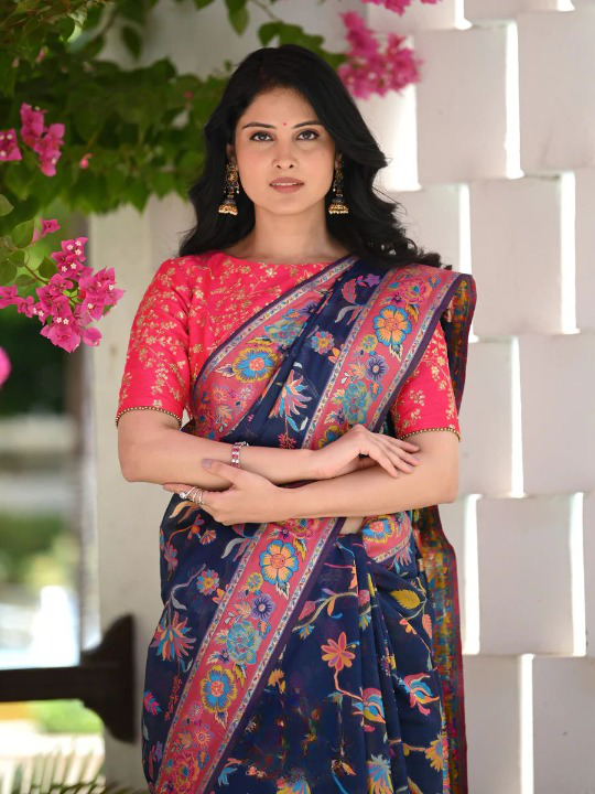 Evocative Blue Pashmina saree With Moiety Blouse Piece ClothsVilla