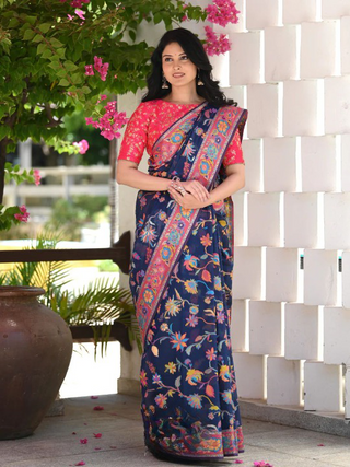 Evocative Blue Pashmina saree With Moiety Blouse Piece ClothsVilla
