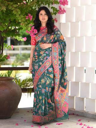 Seraglio Green Pashmina saree With Staggering Blouse Piece ClothsVilla