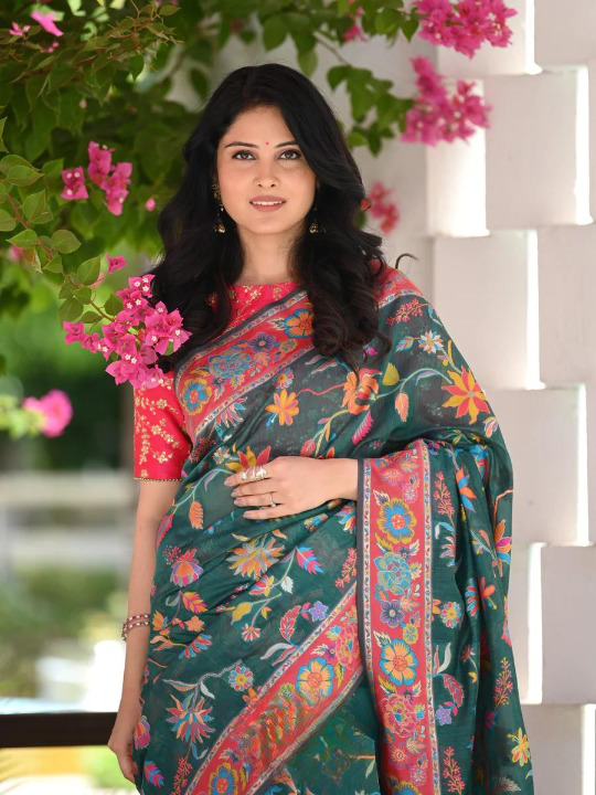 Seraglio Green Pashmina saree With Staggering Blouse Piece ClothsVilla