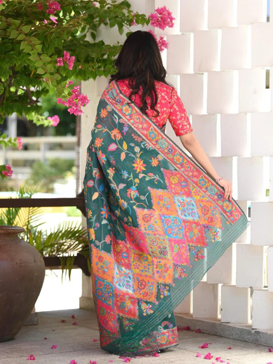 Seraglio Green Pashmina saree With Staggering Blouse Piece ClothsVilla