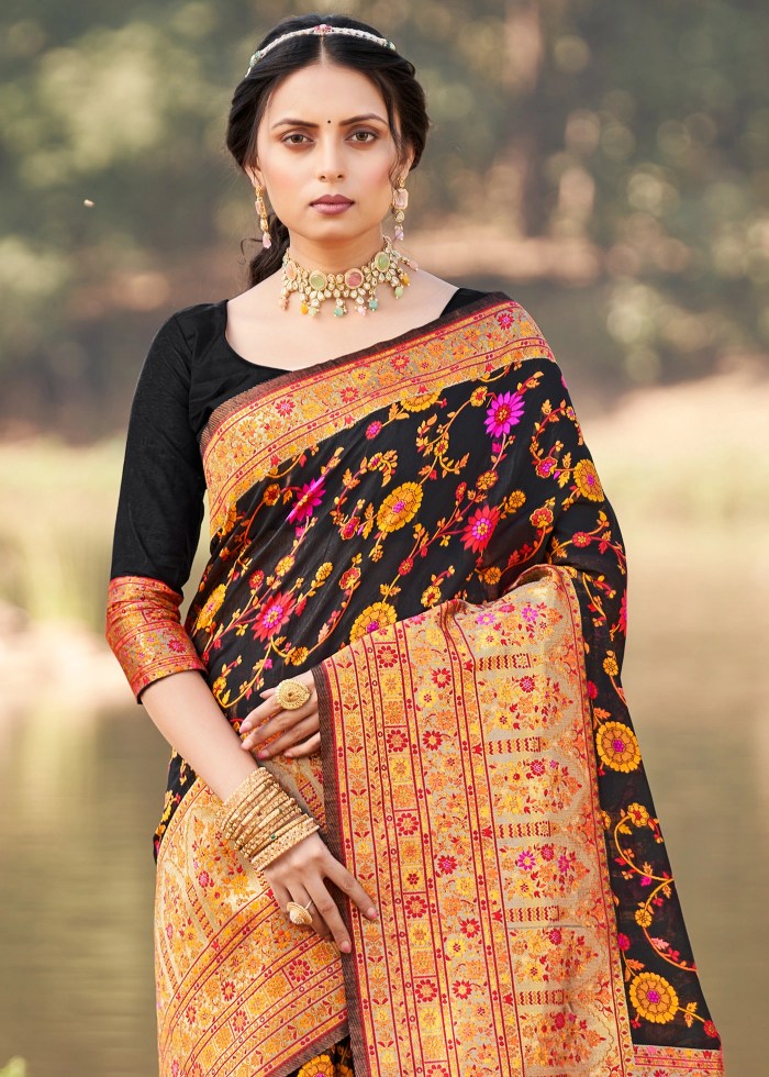 Fantabulous Black Pashmina saree With Snappy Blouse Piece ClothsVilla
