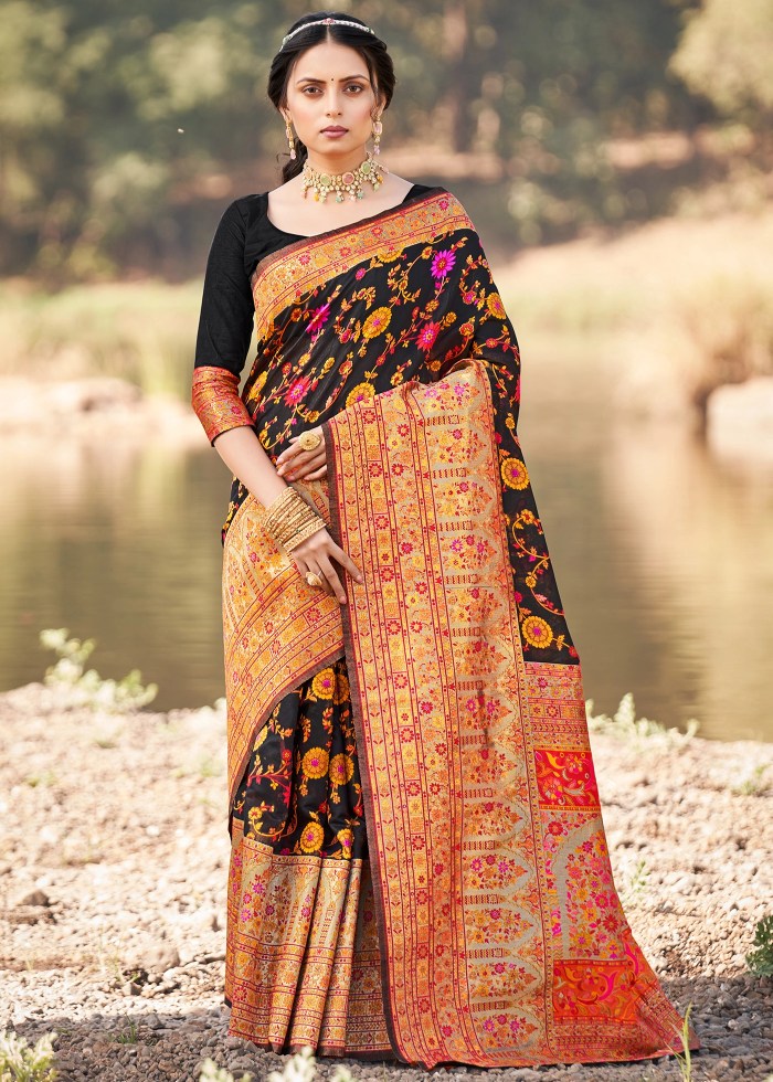 Fantabulous Black Pashmina saree With Snappy Blouse Piece ClothsVilla