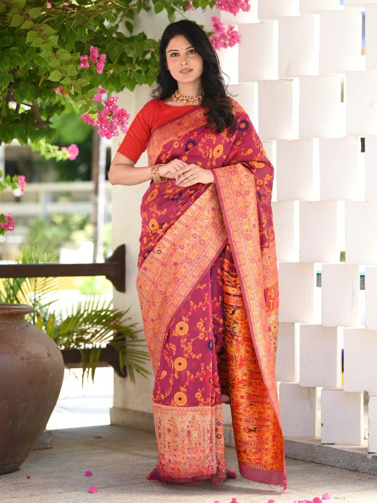 Vestigial Red Pashmina saree With Sempiternal Blouse Piece ClothsVilla Main image